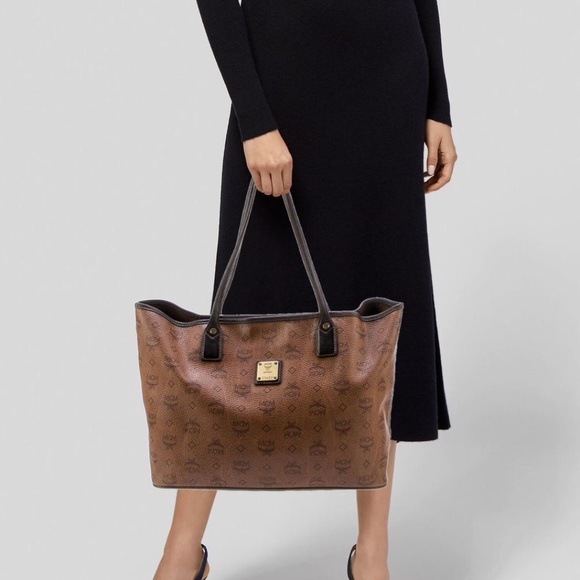 Authentic MCM Visetos Leather Tote Bag Brown/Black - Picture 3 of 15